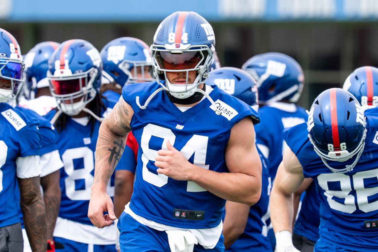 Syndication: The Record Theo Johnson with the NY Giants, runs drills during a practice at Quest Diagnostics Training Center, East Rutherford, NJ, May 28, 2025.