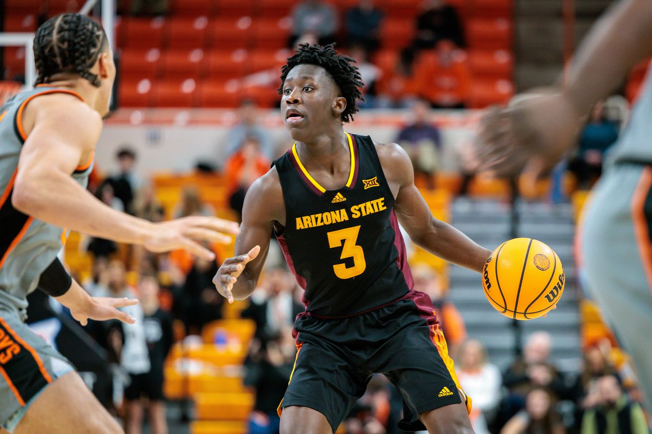 Feb 9, 2025; Stillwater, Oklahoma, USA; Arizona State Sun Devils guard Joson Sanon (3) brings the ball up court during the second half against the Oklahoma State Cowboys at Gallagher-Iba Arena. Mandatory Credit: William Purnell-Imagn Images