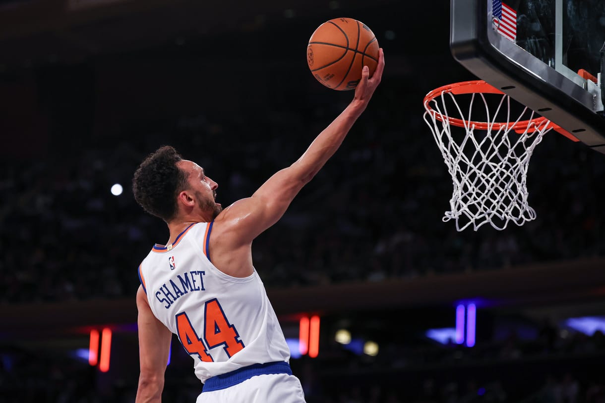 Oct 13, 2024; New York, New York, USA; New York Knicks guard Landry Shamet (44) lays the ball up for a basket during the first half against the Minnesota Timberwolves at Madison Square Garden. Mandatory Credit: Vincent Carchietta-Imagn Images