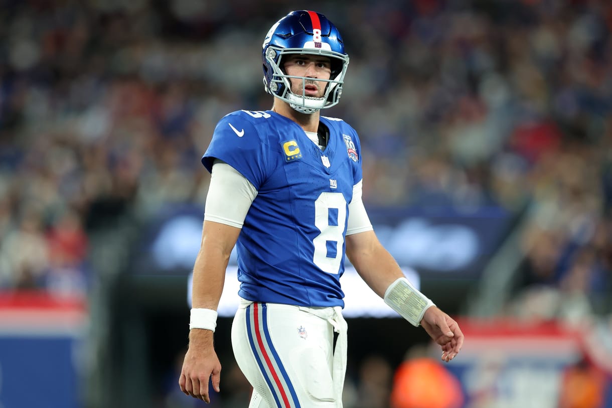 NFL: Cincinnati Bengals at New York Giants Oct 13, 2024; East Rutherford, New Jersey, USA; New York Giants quarterback Daniel Jones (8) reacts during the third quarter against the Cincinnati Bengals at MetLife Stadium. Mandatory Credit: Brad Penner-Imagn Images