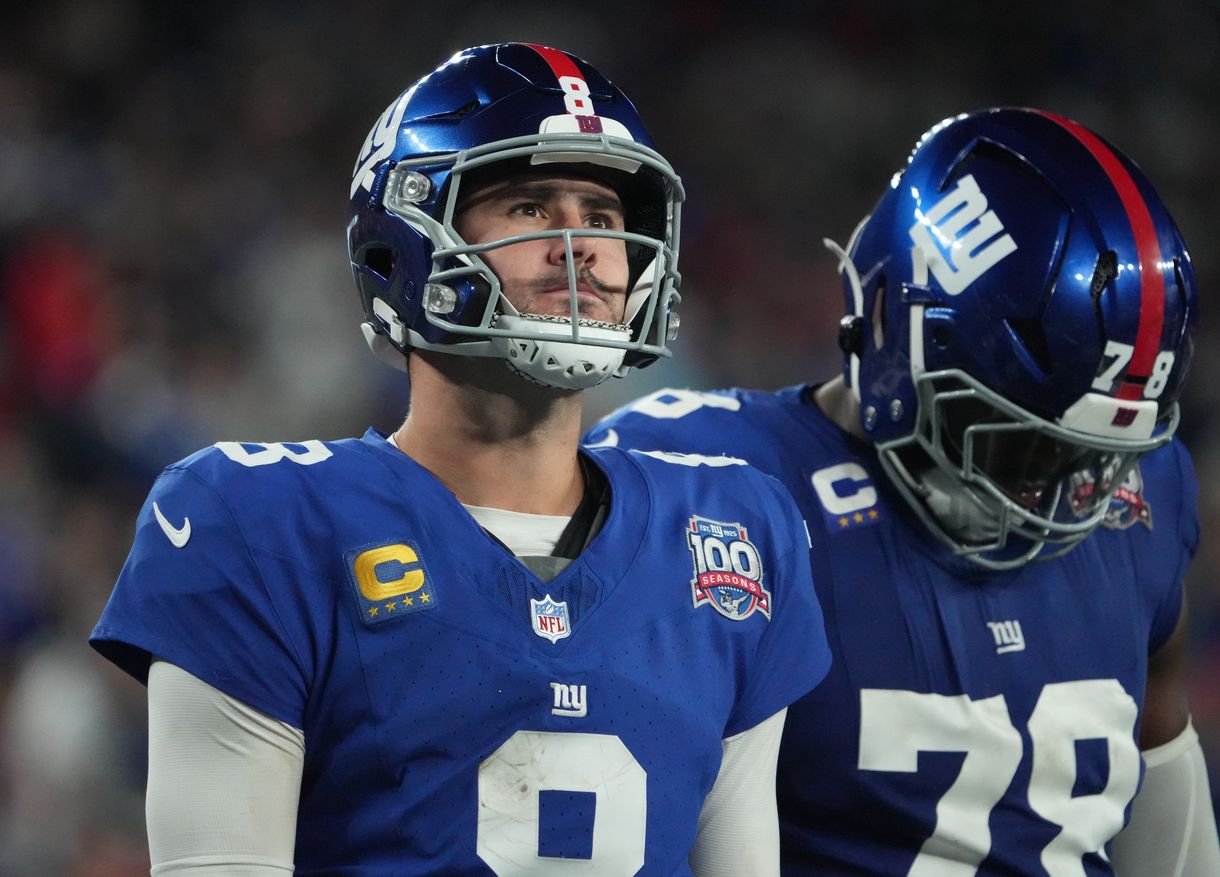 Oct 13, 2024; East Rutherford, New Jersey, USA; New York Giants quarterback Daniel Jones (8) after a incomplete pass against the Cincinnati Bengals during the second half at MetLife Stadium. Mandatory Credit: Robert Deutsch-Imagn Images