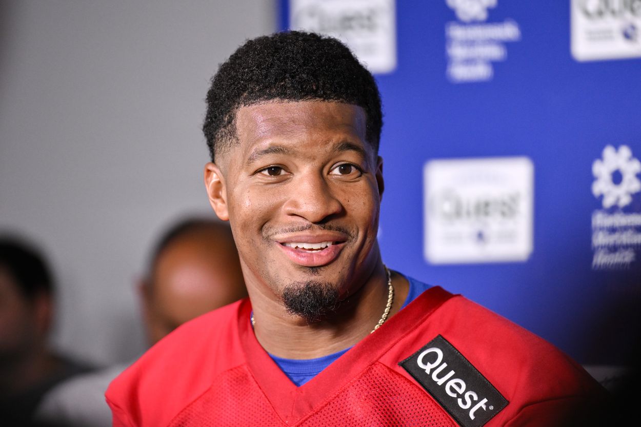 NFL: New York Giants Minicamp Jun 17, 2025; East Rutherford, NJ, USA; New York Giants quarterback Jameis Winston (19) speaks at a press conference during minicamp at Quest Diagnostics Training Center. Mandatory Credit: John Jones-Imagn Images