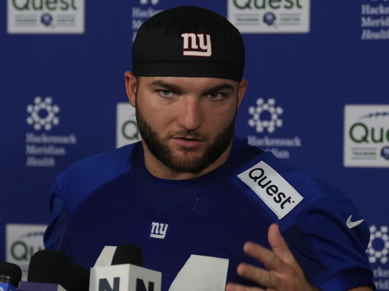 Syndication: The Record Eat Rutherford, NJ -- May 9, 2025 -- Cam Skattebo talks to the media following practice at Giants Rookie Minicamp.