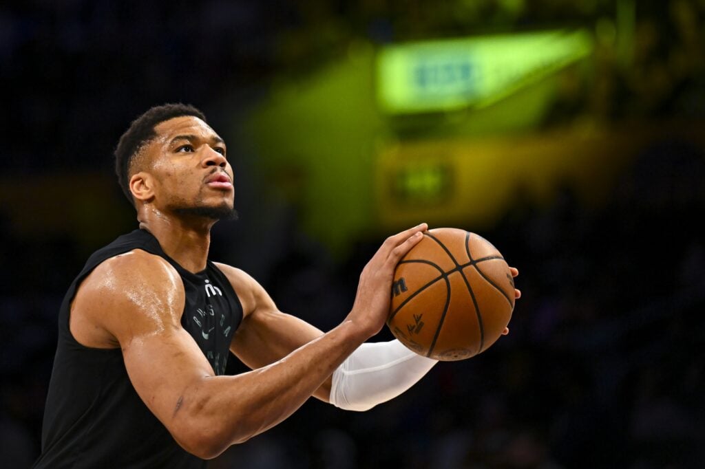 Mar 20, 2025; Los Angeles, California, USA; Milwaukee Bucks forward Giannis Antetokounmpo (34) warms up before the game against the Los Angeles Lakers at Crypto.com Arena. Mandatory Credit: Jonathan Hui-Imagn Images