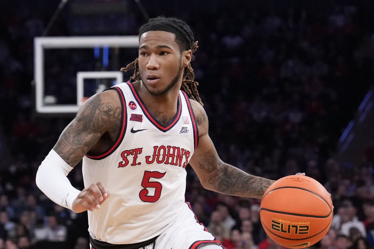 NEW YORK, NY - MARCH 15: Deivon Smith #5 of the St. John’s Red Storm dribbles the ball against the Creighton Bluejays in the second half of the championship game of the Big East Men’s Basketball Tournament at Madison Square Garden on March 15, 2025 in New York City.
