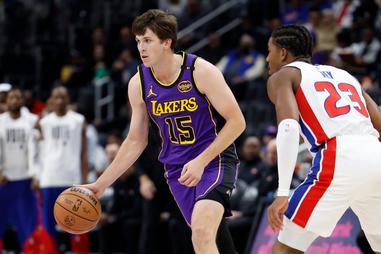 NBA: Los Angeles Lakers at Detroit Pistons Nov 4, 2024; Detroit, Michigan, USA; Los Angeles Lakers guard Austin Reaves (15) dribbles defended by Detroit Pistons guard Jaden Ivey (23) in the first half at Little Caesars Arena. Mandatory Credit: Rick Osentoski-Imagn Images