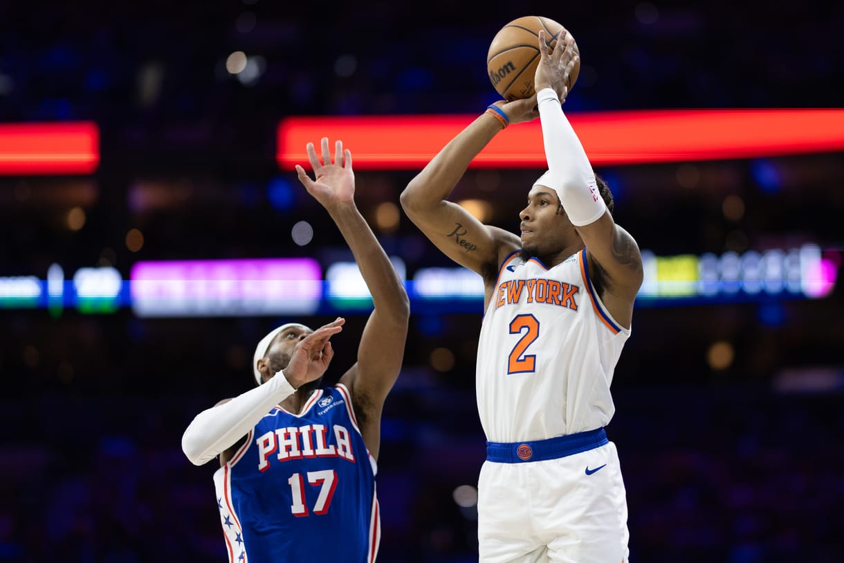 NBA: Playoffs-New York Knicks at Philadelphia 76ers May 2, 2024; Philadelphia, Pennsylvania, USA; New York Knicks guard Miles McBride (2) shoots against Philadelphia 76ers guard Buddy Hield (17) during the first half of game six of the first round for the 2024 NBA playoffs at Wells Fargo Center. Mandatory Credit: Bill Streicher-Imagn Images
