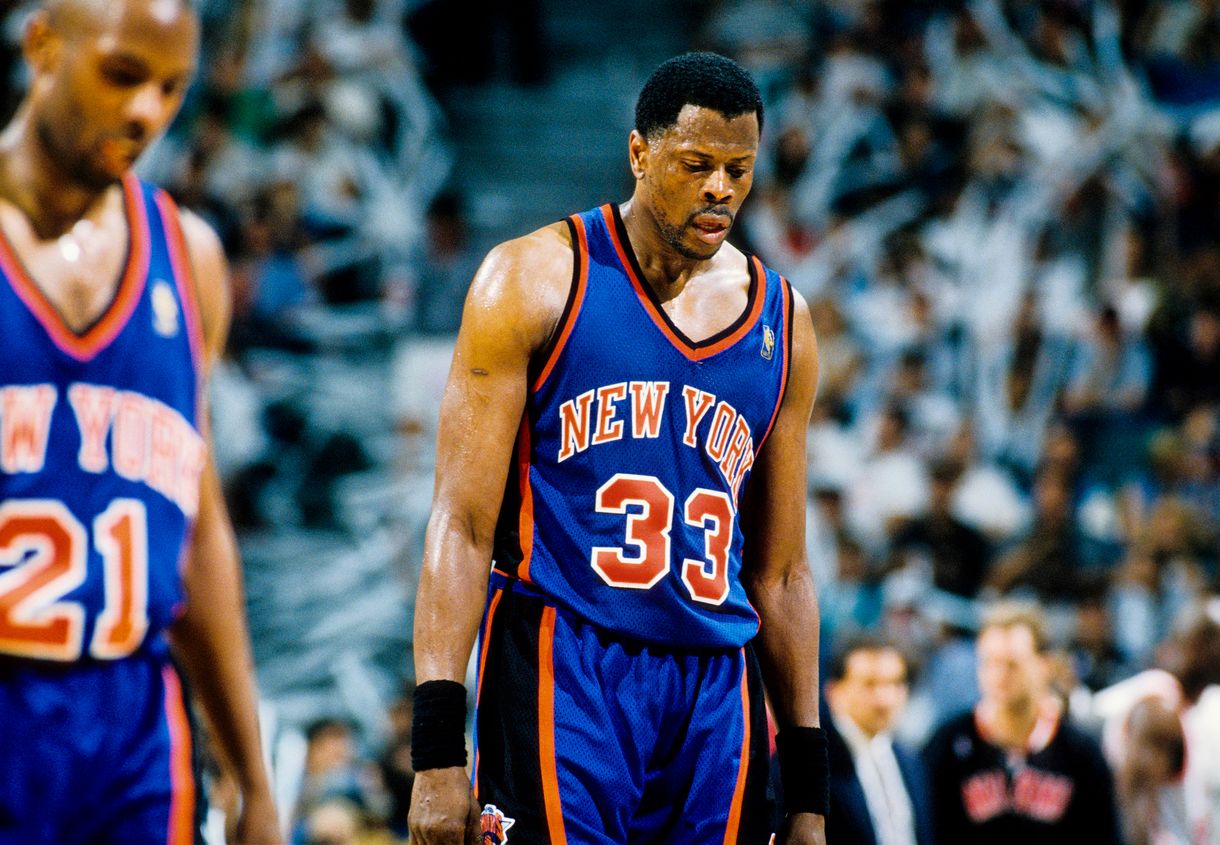NBA: USA TODAY Sports-Archive May 18, 1997; Miami, FL; USA; FILE PHOTO; New York Knicks center Patrick Ewing (33) reacts on the court against the Miami Heat during the the first round of the 1997 NBA Playoffs at the Miami Arena. Mandatory Credit: RVR Photos-USA TODAY Sports