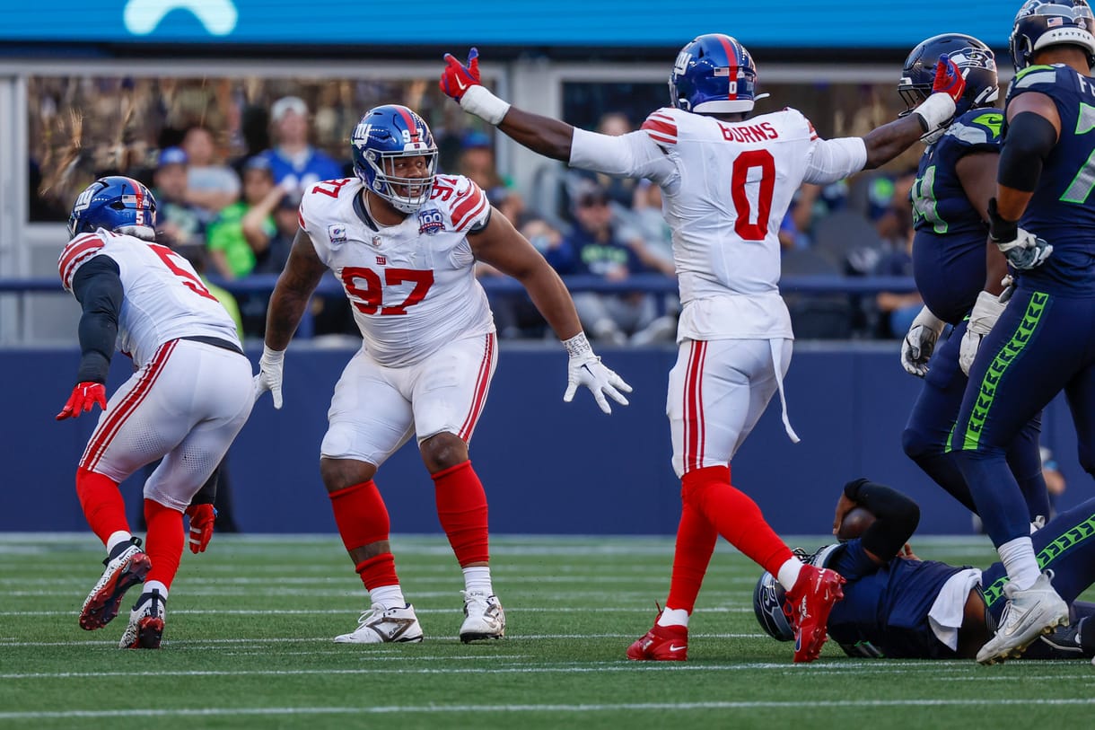 NFL: New York Giants at Seattle Seahawks Oct 6, 2024; Seattle, Washington, USA; New York Giants defensive tackle Dexter Lawrence II (97) celebrates following a fourth down sack against the Seattle Seahawks during the fourth quarter at Lumen Field. Mandatory Credit: Joe Nicholson-Imagn Images