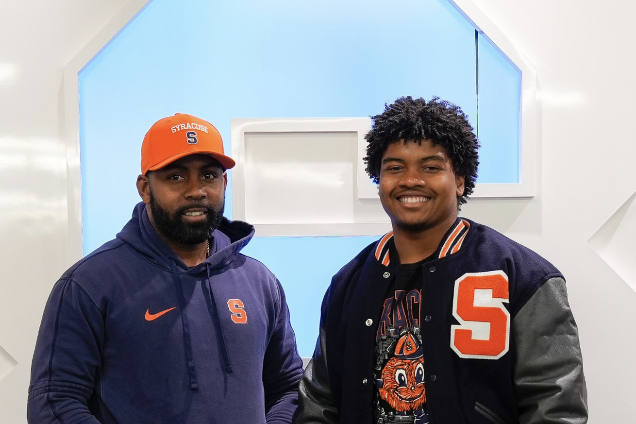 Syracuse head football coach Fran Brown (left) and his son, and Syracuse orange commit, Fran Brown Jr. (right).