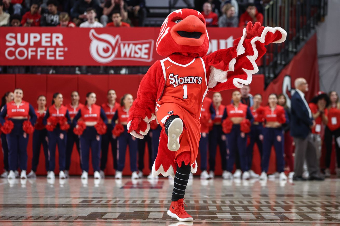 Nov 30, 2024; Queens, New York, USA; The St. John’s Red Storm mascot, Johnny Thunderbird at Carnesecca Arena. Mandatory Credit: Wendell Cruz-Imagn Images