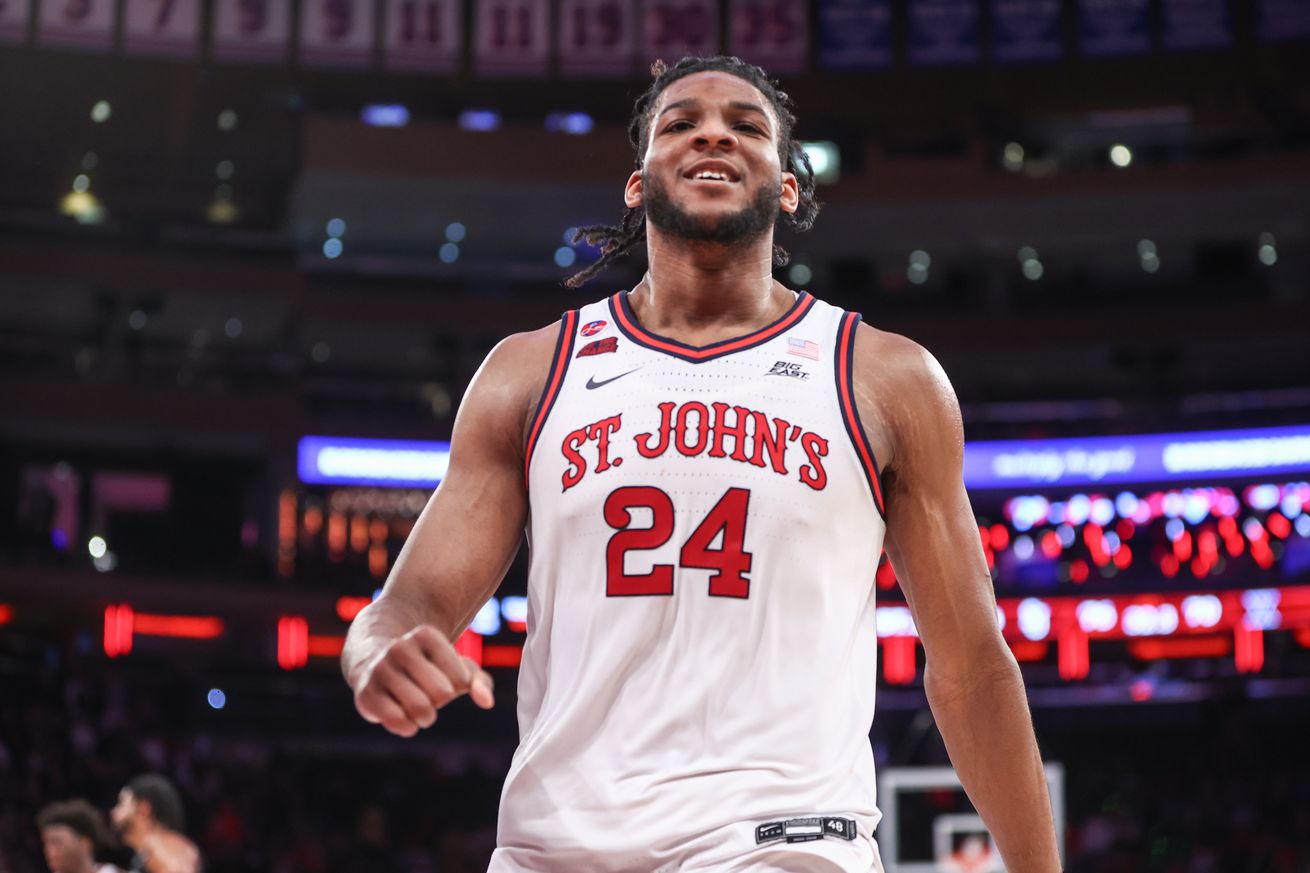 Jan 22, 2025; New York, New York, USA; St. John’s Red Storm forward Zuby Ejiofor (24) celebrates in overtime against the Xavier Musketeers at Madison Square Garden. Mandatory Credit: Wendell Cruz-Imagn Images