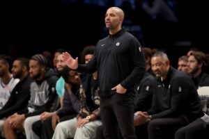 Brooklyn Nets head coach Jordi Fernandez coaches against the Toronto Raptors during the fourth quarter at Barclays Center.