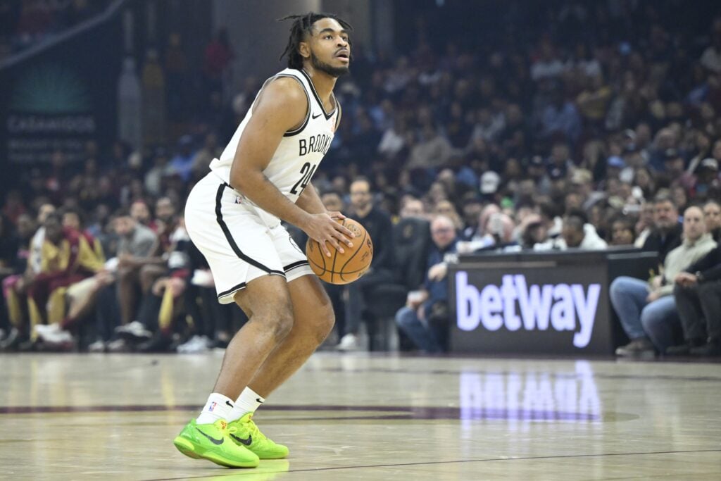 rooklyn Nets guard Cam Thomas (24) looks to the basket in the first quarter against the Cleveland Cavaliers at Rocket Arena.