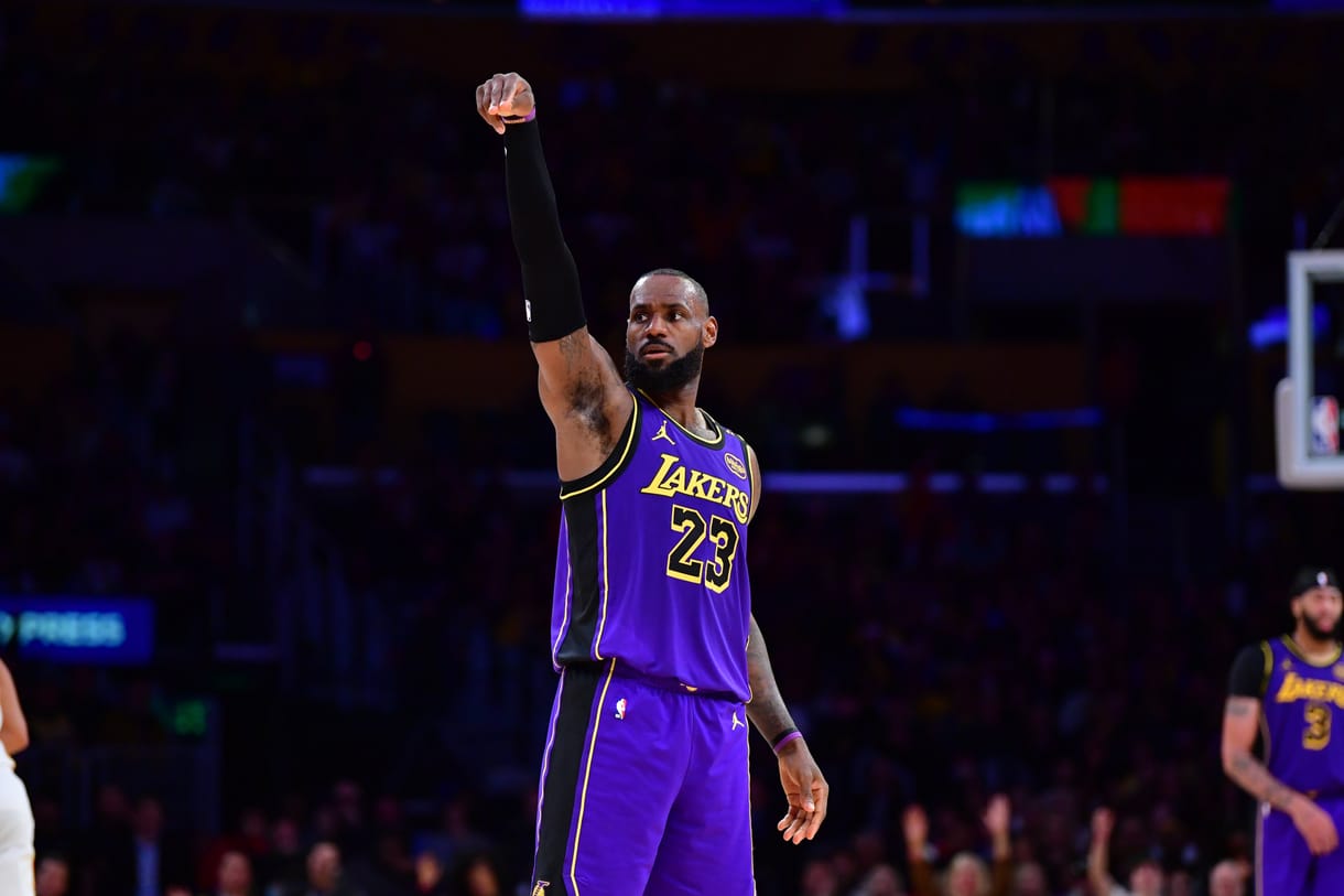 NBA: Atlanta Hawks at Los Angeles Lakers Jan 3, 2025; Los Angeles, California, USA; Los Angeles Lakers forward LeBron James (23) reacts after scoring three point basket against the Atlanta Hawks during the second half at Crypto.com Arena. Mandatory Credit: Gary A. Vasquez-Imagn Images