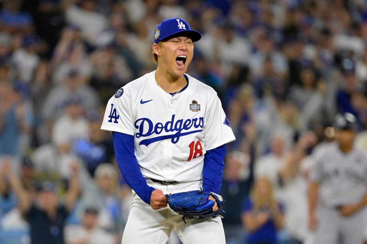 MLB: World Series-New York Yankees at Los Angeles Dodgers Oct 26, 2024; Los Angeles, California, USA; Los Angeles Dodgers pitcher Yoshinobu Yamamoto (18) reacts in the sixth inning against the New York Yankees during game two of the 2024 MLB World Series at Dodger Stadium. Mandatory Credit: Jayne Kamin-Oncea-Imagn Images