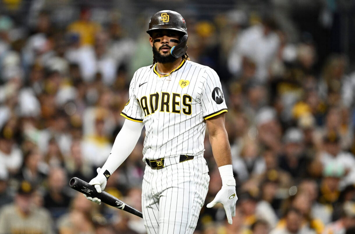 Oct 9, 2024; San Diego, California, USA; San Diego Padres outfielder Fernando Tatis Jr. (23) reacts after striking out in the first inning against the Los Angeles Dodgers during game four of the NLDS for the 2024 MLB Playoffs at Petco Park.  Mandatory Credit: Denis Poroy-Imagn Images