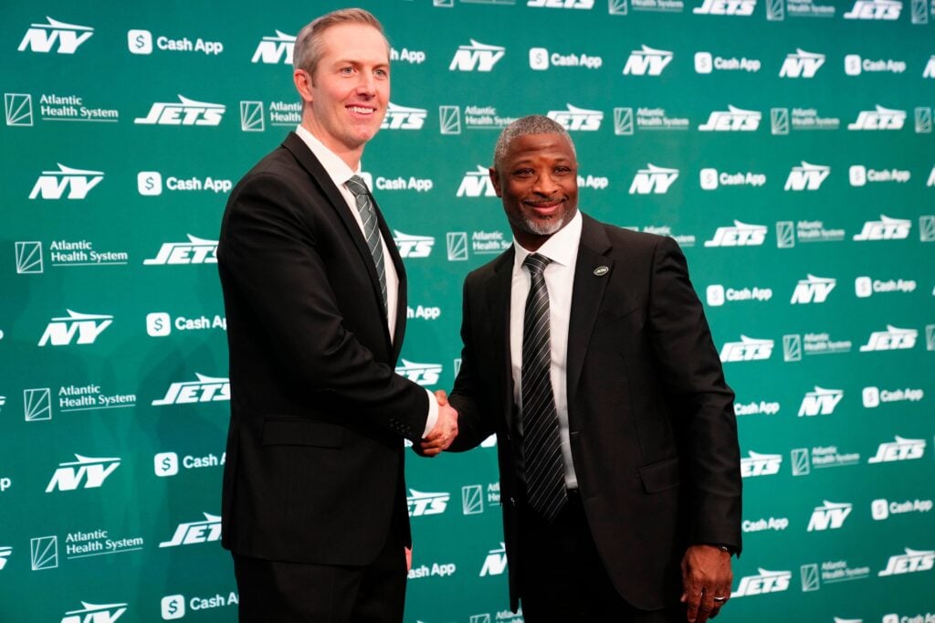 New York Jets general manager Darren Mougey and head coach Aaron Glenn