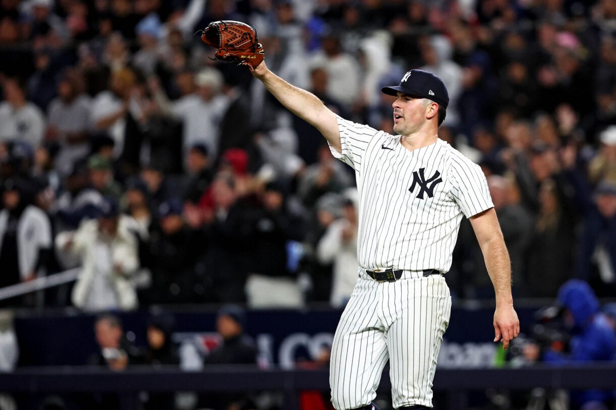 MLB: ALCS-Cleveland Guardians at New York Yankees Oct 14, 2024; Bronx, New York, USA; New York Yankees pitcher Carlos Rodón (55) celebrates after a fly ball was caught to end the sixth inning against the Cleveland Guardians in game one of the ALCS for the 2024 MLB Playoffs at Yankee Stadium. Mandatory Credit: Wendell Cruz-Imagn Images