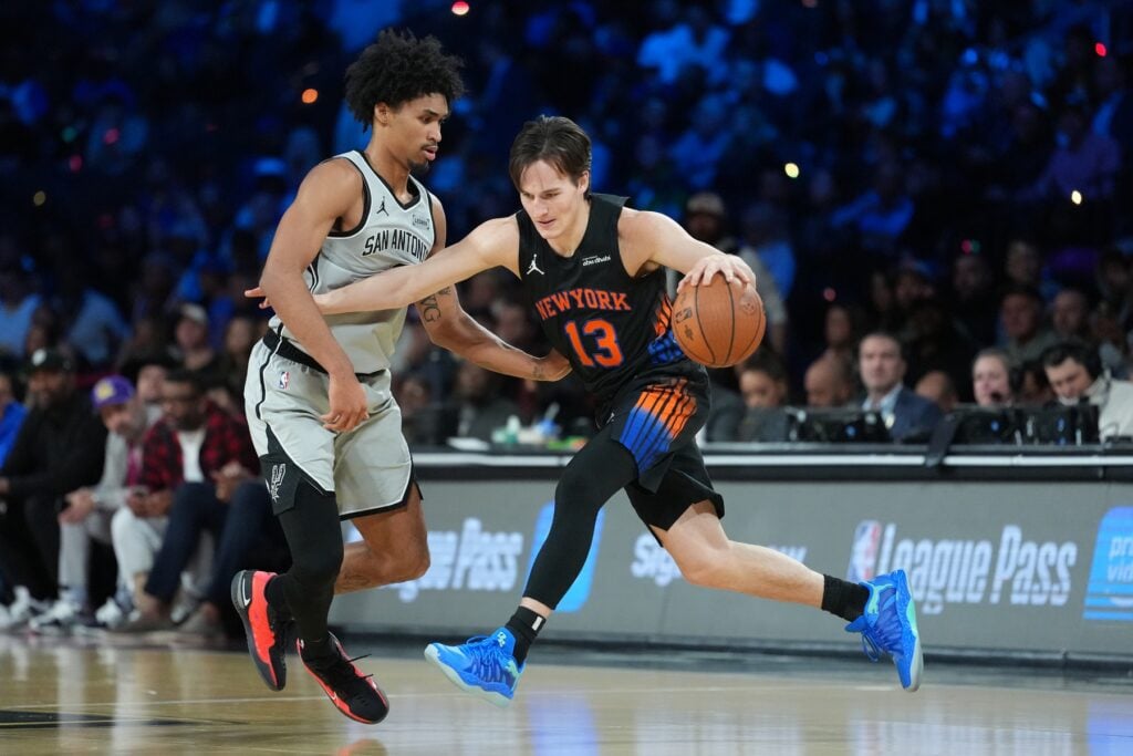 Dec 16, 2025; Las Vegas, Nevada, USA; New York Knicks guard Tyler Kolek (13) dribbles the ball against the San Antonio Spurs during the Emirates NBA Cup Final at T-Mobile Arena. Mandatory Credit: Kirby Lee-Imagn Images