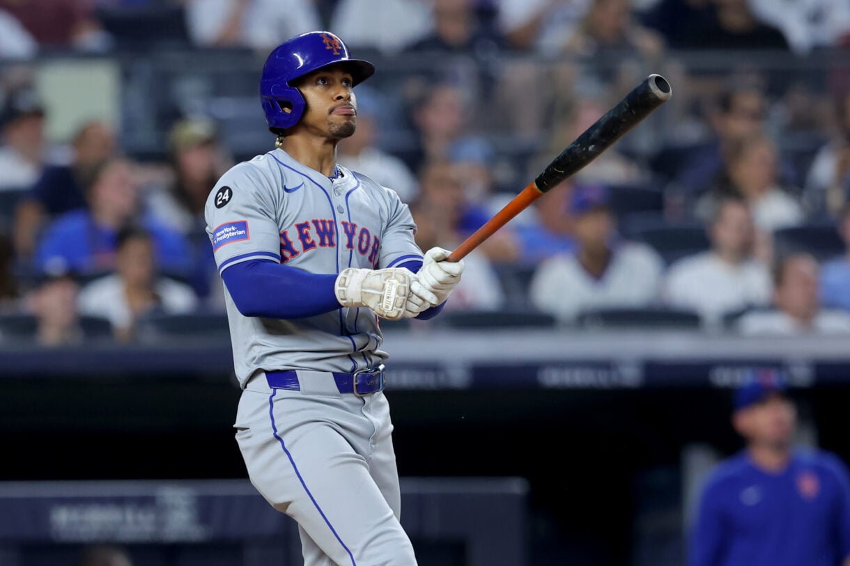 MLB: New York Mets at New York Yankees Jul 24, 2024; Bronx, New York, USA; New York Mets shortstop Francisco Lindor (12) watches his two run home run against the New York Yankees during the fifth inning at Yankee Stadium. Mandatory Credit: Brad Penner-USA TODAY Sports