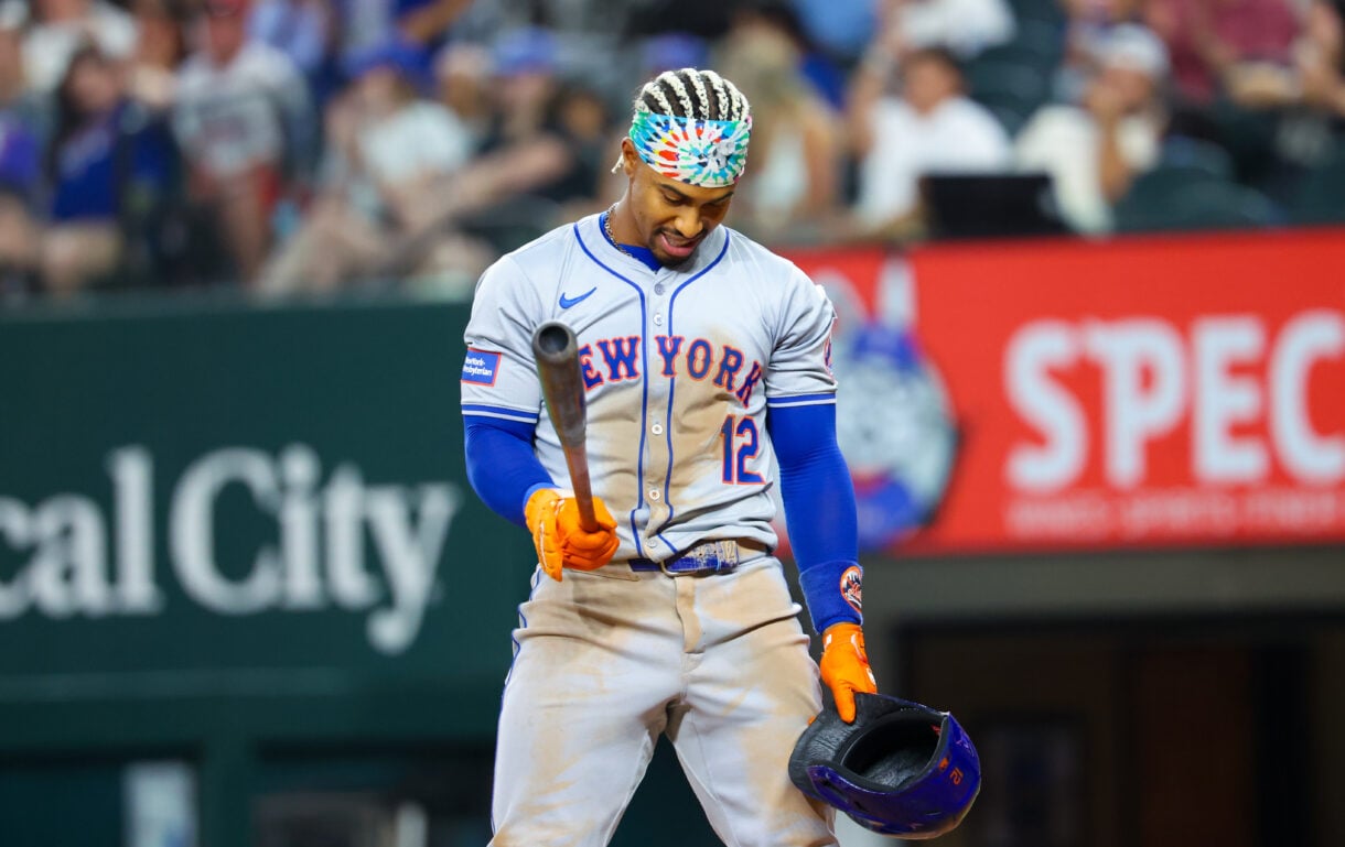 MLB: New York Mets at Texas Rangers Jun 19, 2024; Arlington, Texas, USA; New York Mets shortstop Francisco Lindor (12) reacts after striking out during the seventh inning against the Texas Rangers at Globe Life Field. Mandatory Credit: Kevin Jairaj-USA TODAY Sports