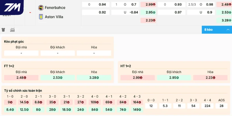 Cửa đặt sáng vào tiền trong trận Fenerbahce vs Aston Villa